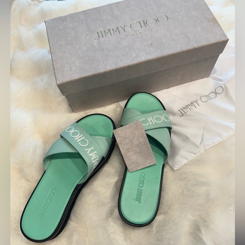 Jimmy Choo Green Canvas Logo Wedge Sandals - Picture 4 of 10